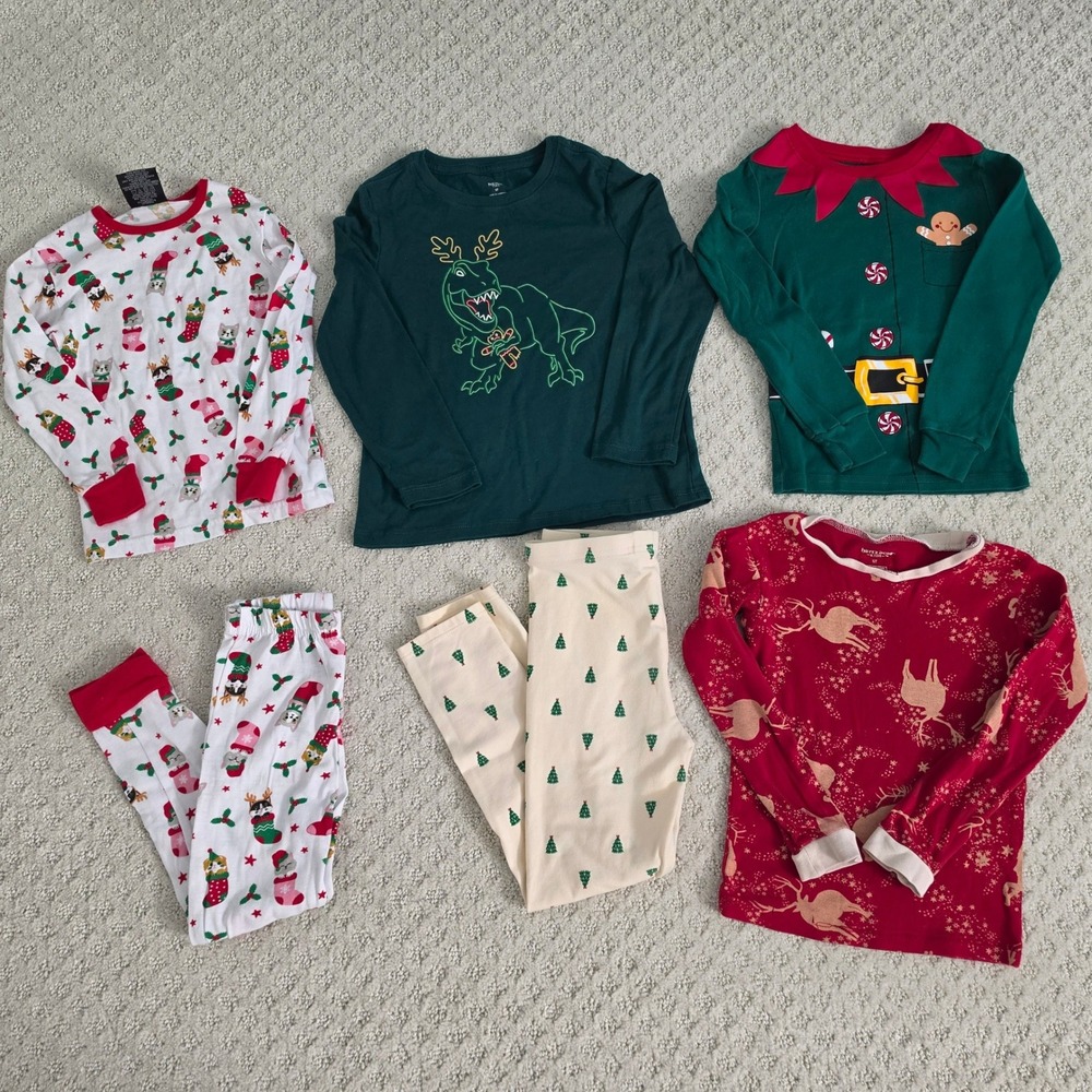 Kids Holiday Pajama Lot size 5T 5/6 Burts Bees Elf Dinosaur Reindeer
